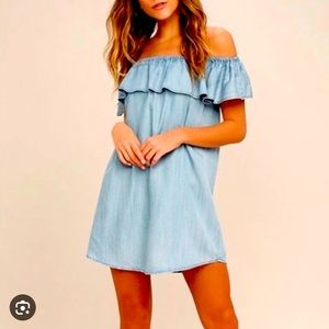 Zara denim shoulder off with pockets dress